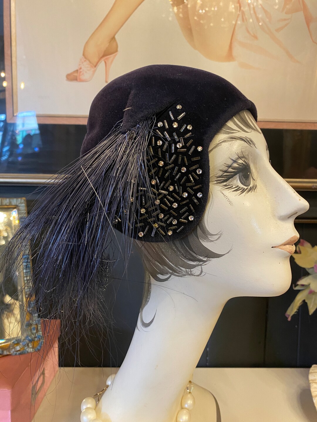 1940s Hat, Vintage Fascinator, Midnight Blue, Horse Hat Trim