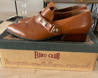 vintage 1980er jahre spitze Booties aus halber ledertasche von euro-club nietenbesetzte butterscotch leder original box größe 7 1/2