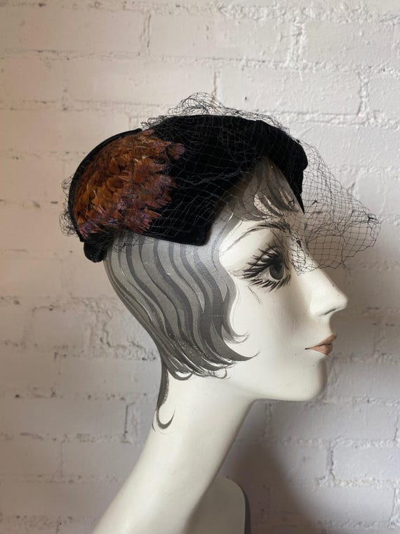 PRETTY 1950\'s PHEASANT FEATHER COVERED COCKTAIL HAT EDGED IN BLACK VELOUR il_fullxfull.3553838823_ashx.jpg main image 4