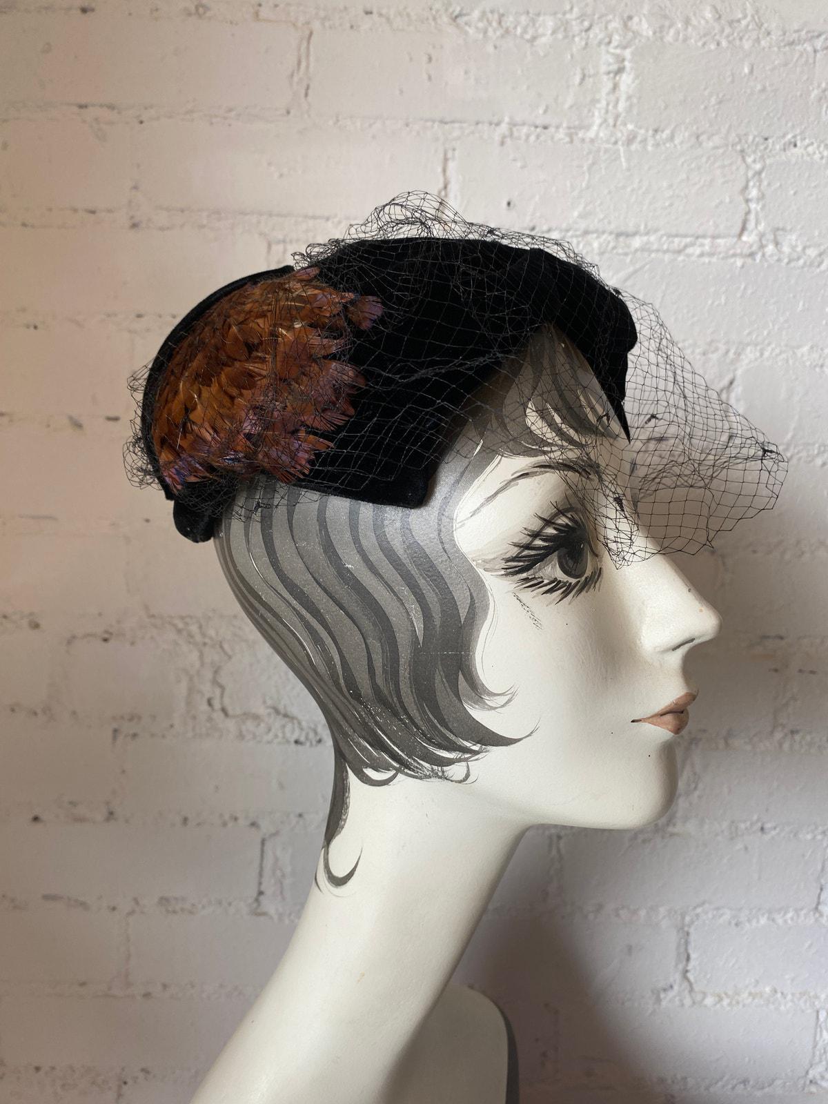VTG Genuine Pheasant Feather Millinery Hat with Net Veil Earth Tones 1950s Style Feather Pillbox 1950s Vintage Hats for Women for sale | eBay main image 3