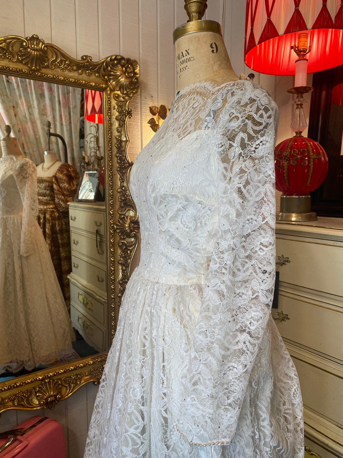 50s lace wedding dress 1950s Tea Length Lace Vintage Style Wedding Dress Beautiful White French Lace Dress - Button Back, Fitted Boned Bodice, Small Perfect Sample