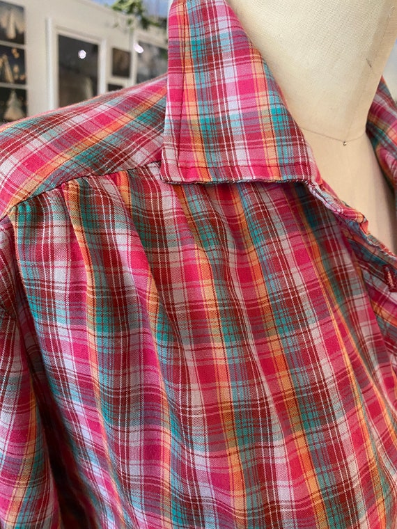 1970s blouse, pink and green plaid, 70s tunic, cu… - image 6