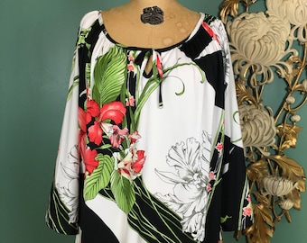 1970s blouse, vintage tunic top, size medium, Teddi of california, tropical print, tie neck, pullover, retro style, 38 bust, black and white