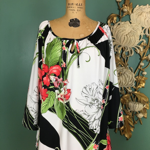 1970s blouse, vintage tunic top, size medium, Teddi of california, tropical print, tie neck, pullover, retro style, 38 bust, black and white