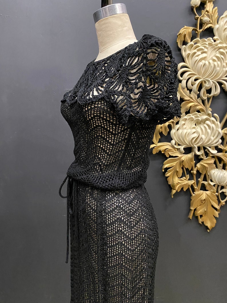 RESERVED Oscar de la renta knits, black crochet, 1970s designer, 70s does 20s, sheer knit, spider web, flapper style, see through image 7