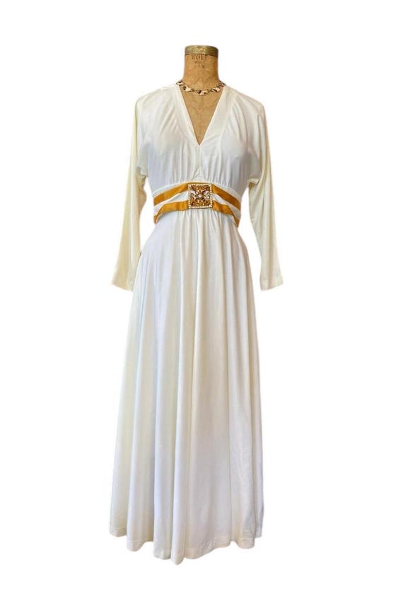 white maxi dress with gold belt 1970s Dress, Vintage Evening Gown, and Gold, Jeweled Belt, Rhinestone Dress, X-small, Mod Hostess Satin dress