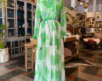 RESERVED 1970s maxi dress, green and white polka dot, sheer chiffon, vintage 70s dress, op art, tie neck, full skirt, statement