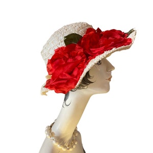 1950s summer hat, wide brim, white straw, vintage 50s hat, red roses, mid century millinery image 1