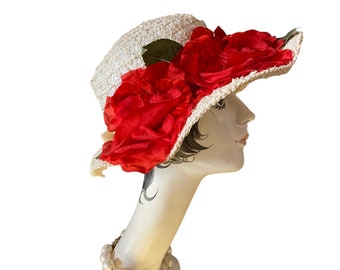 1950s summer hat, wide brim, white straw, vintage 50s hat, red roses, mid century millinery
