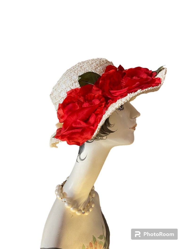 1950s summer hat, wide brim, white straw, vintage 50s hat, red roses, mid century millinery image 1
