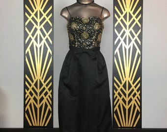1960s cocktail dress, vintage maxi dress, mrs maisel style, beaded gown, spaghetti strap, full length, black silk dress, 25 26 waist, 1950s