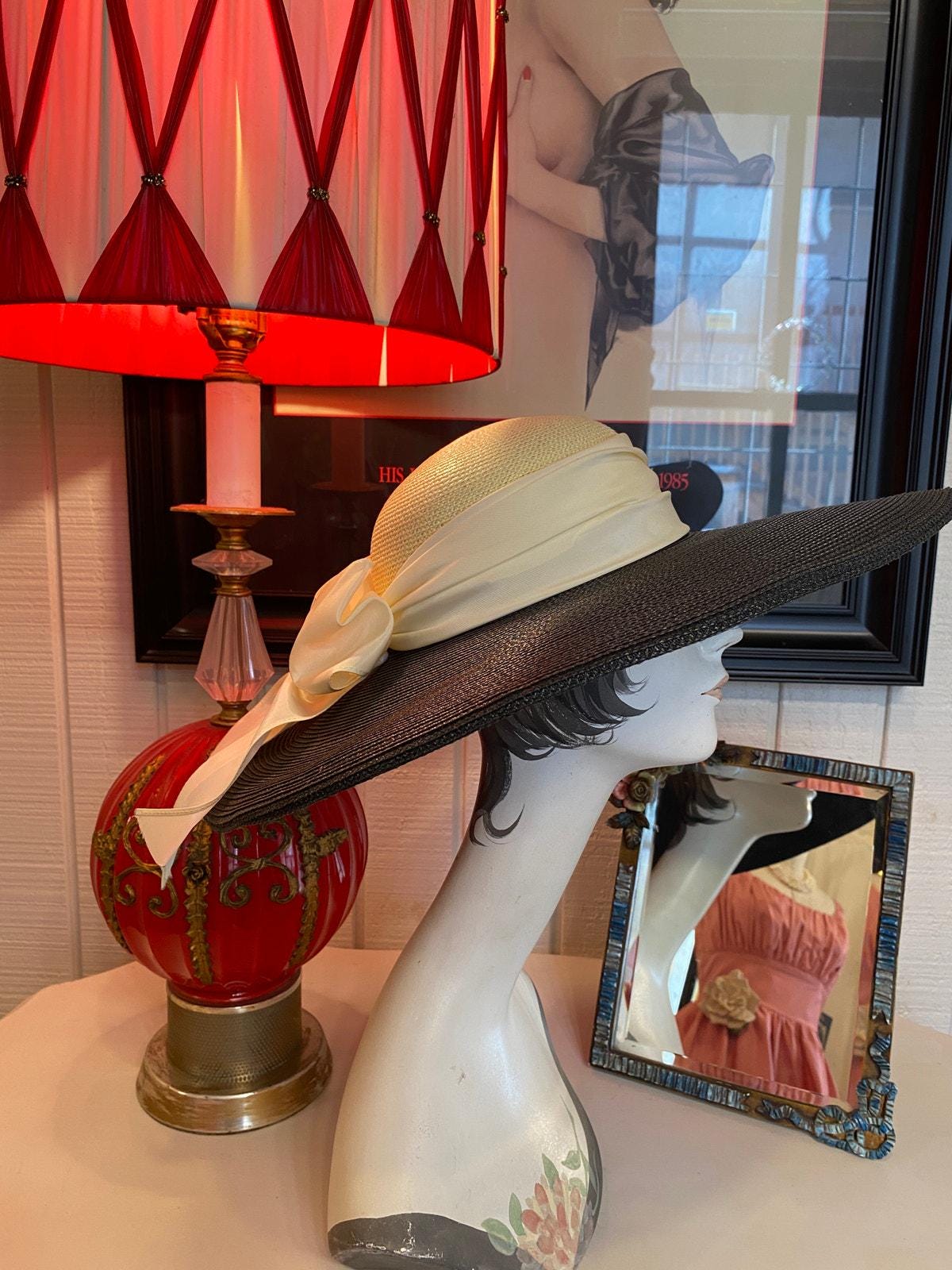 Vintage 1980s wide brim hat cream and black satin bow whittall classic 80 summer Vintage 1980s Wide Brim Hat Cream and Black Satin Bow  main image 2