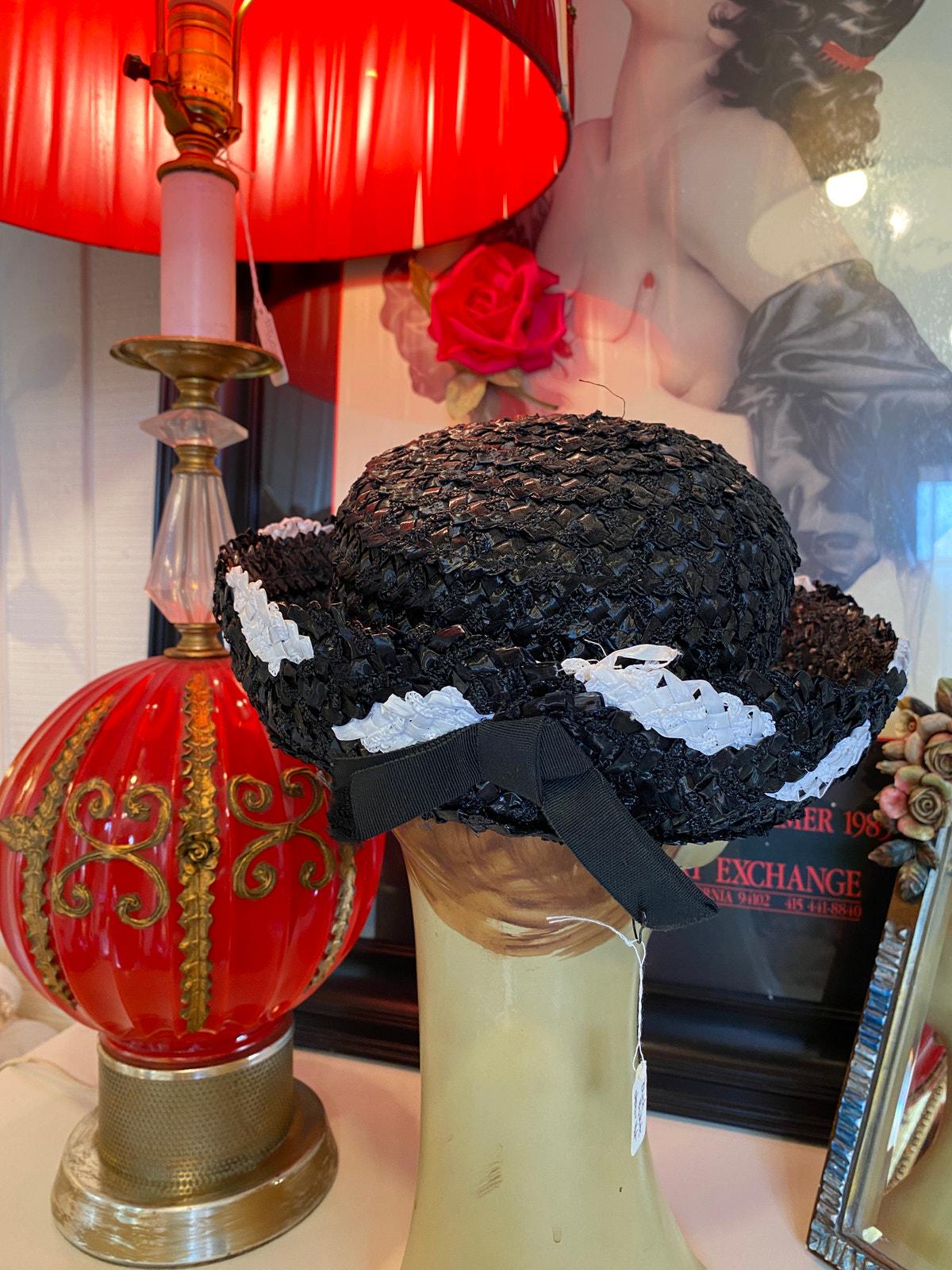 vintage 1950s black and white straw hat wide turned up brim 50s fashion summer A lovely 1950s straw broad brimmed hat with silk roses?￼ main image 4