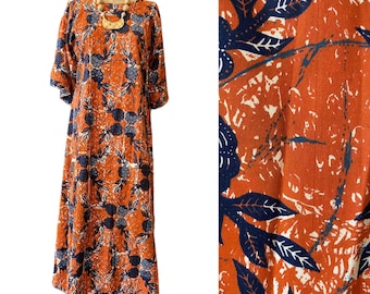 1970s kaftan, vintage maxi dress, orange and navy, block print cotton, bell sleeves, loungewear, muu muu, medium, tiki, ethnic print