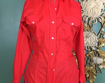 1970s red blouse, button up shirt, vintage 70s shirt, western style, rockabilly style, small medium, retro shirt, fitted, long sleeve, women