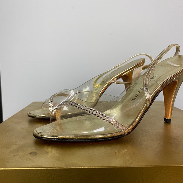 1960s acrylic shoes, clear heel, vintage pumps, see through, bridal shoes, rhinestone shoes, Nordstrom amano, 7 1/2, sling back, cocktail