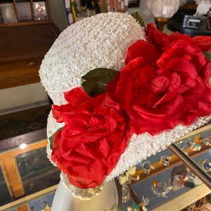 1950s summer hat, wide brim, white straw, vintage 50s hat, red roses, mid century millinery image 2