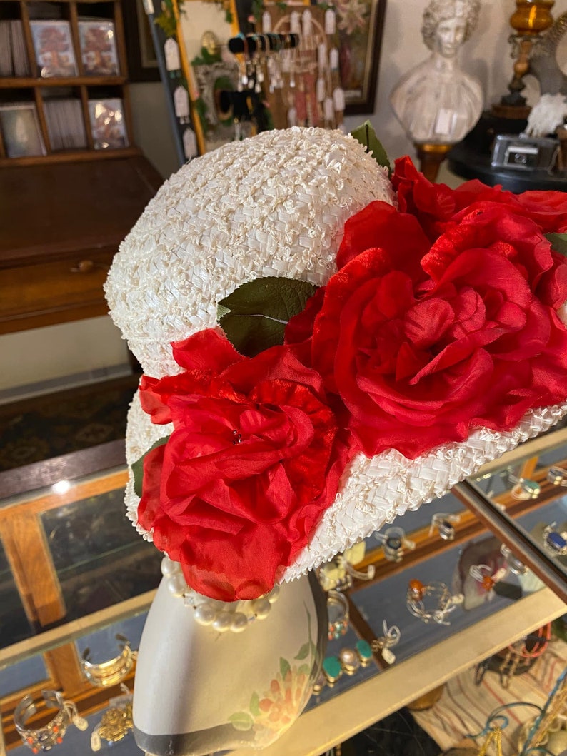 1950s summer hat, wide brim, white straw, vintage 50s hat, red roses, mid century millinery image 2