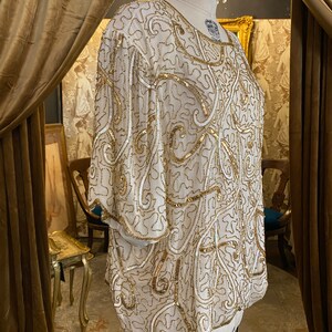 1980s beaded blouse, scala, vintage formal top, cocktail attire, white and gold, scalloped, sequin top, silk chiffon, xxx l, plus size, nye image 5