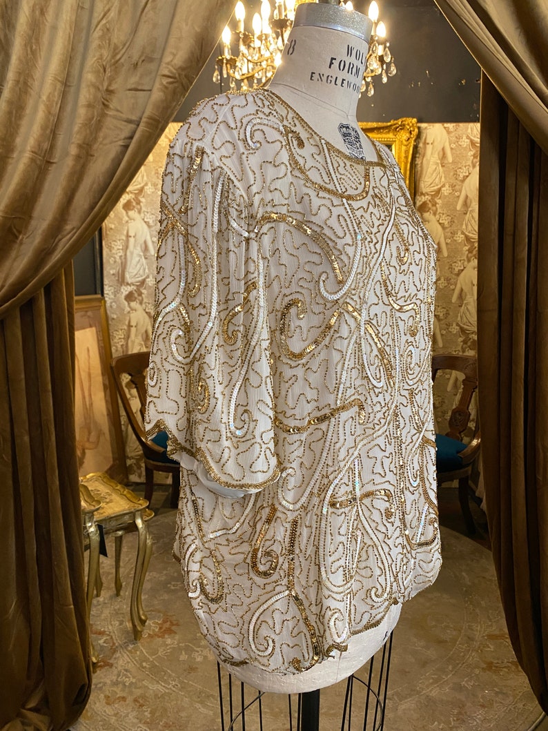 1980s beaded blouse, scala, vintage formal top, cocktail attire, white and gold, scalloped, sequin top, silk chiffon, xxx l, plus size, nye image 5