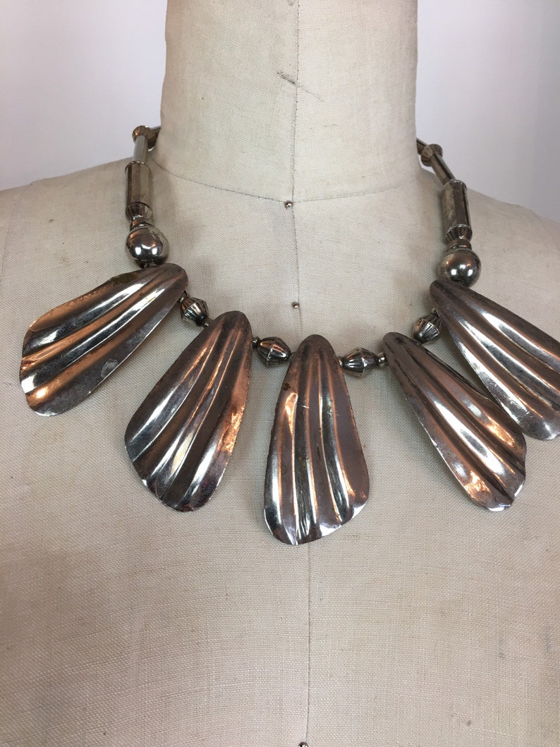 1980s bib necklace, chunky silver necklace, vintage 80s necklace, ethnic style necklace, statement necklace, 1980s jewelry image 3