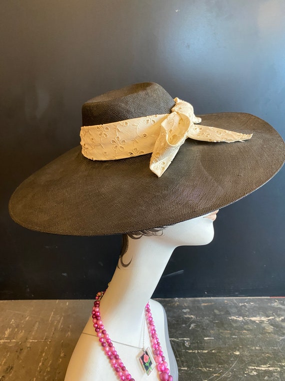 1940s hat, black straw, wide brim, vintage milline