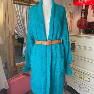 vintage 1980s boucle green sweater 80s long oversized cardigan knit jacket m/l