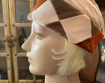 1960s hat, harlequin, vintage hat, velvet, rust and beige, cloche, turban, mod accessories, parkridge exclusive