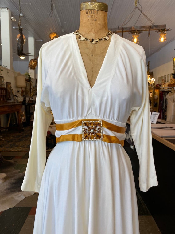 1970s Maxi Dress, Vintage Evening Gown, White and Gold, Jeweled Belt, Rhinestone Dress, X-small, Mod Hostess - Etsy Australia 1970s Maxi Dress, Vintage Evening Gown, White and Gold, Jeweled Belt, Rhinestone Dress, X-small, Mod Hostess - Etsy Australia