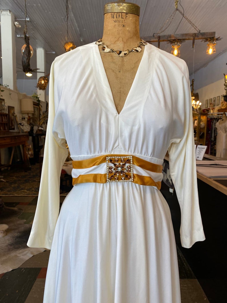 1970s maxi dress, vintage evening gown, white and gold, jeweled belt, rhinestone dress, x-small, mod hostess image 2