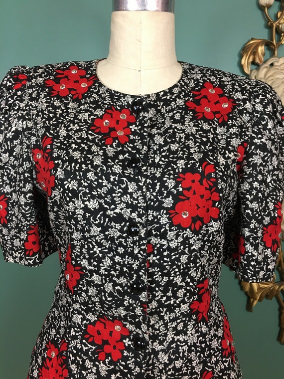 1980s linen blouse, black floral blouse, rhinesto… - image 3
