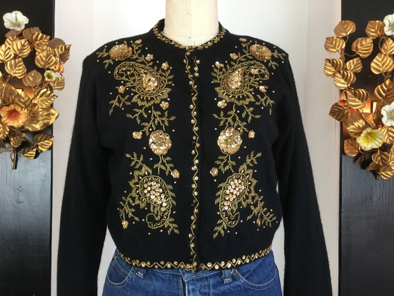 1950s style cardigan, 90s beaded cardigan, size me