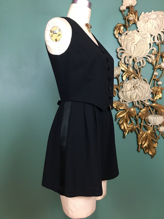 1980s romper, black rayon romper, menswear style,