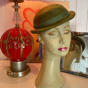 vintage 1960s hat olive green mohair by penny red feather 60s mini bowler mod