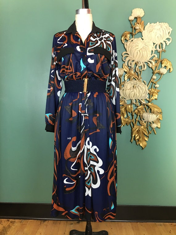1970s shirtwaist, vintage 70s dress, abstract prin