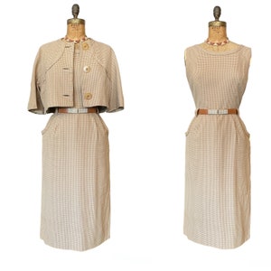 1950s 2 piece dress set, Beige check, vintage 50s outfit, bonwitt teller, mrs maisel, rockabilly style, 30 waist image 1
