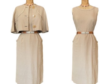 1950s 2 piece dress set, Beige check, vintage 50s outfit, bonwitt teller, mrs maisel,  rockabilly style, 30 waist