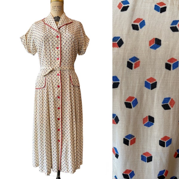 1940s novelty print dress, 3-d cubes, vintage 40s dress, film noir style, medium, casual day dress, 28 waist, pockets, classic