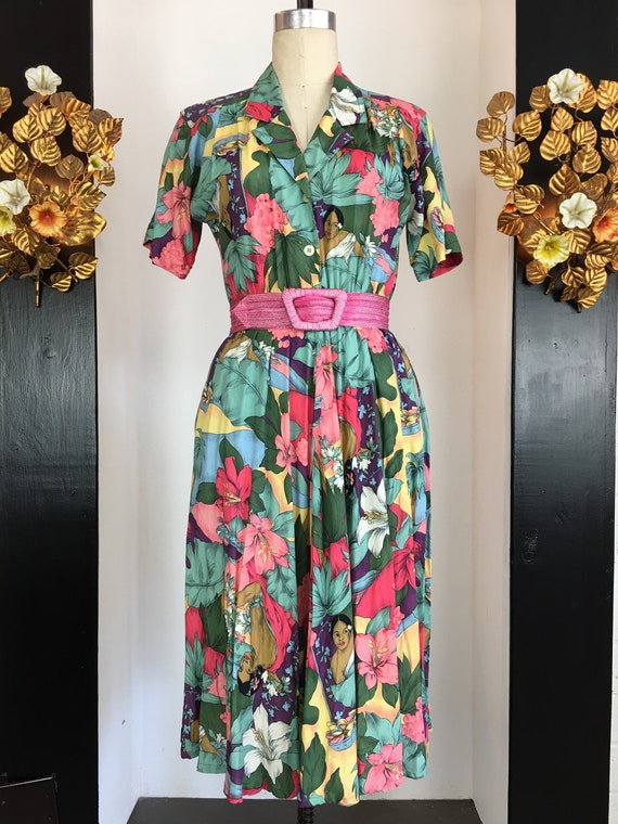 1980s rayon dress, coral Anderson dress, novelty p