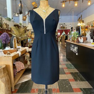 1960s cocktail dress, bullet bust, vintage 60s dress, rhinestone trim, med, sheer illusion, classic sheath, black tie, lbd, formal evening image 6