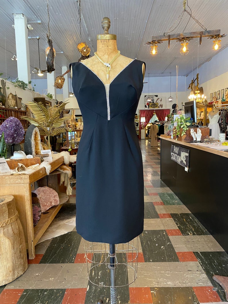 1960s cocktail dress, bullet bust, vintage 60s dress, rhinestone trim, med, sheer illusion, classic sheath, black tie, lbd, formal evening image 6