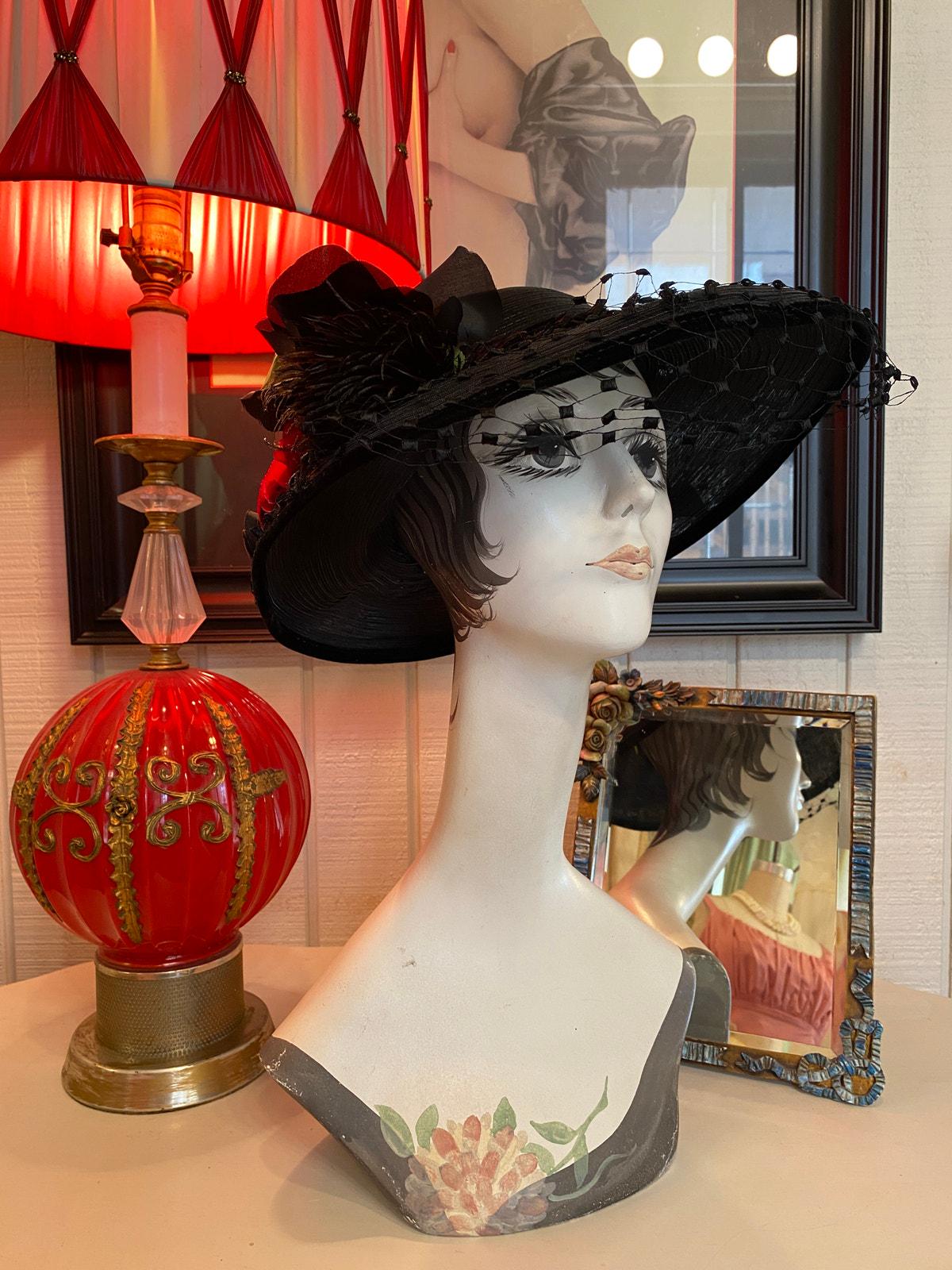 SUMPTUOUS 1940s\' BLACK STRAW WIDE BRIM HAT WITH VEILING Vintage 1940s Black Straw Wide Brim Hat With Veil and Roses  main image 2