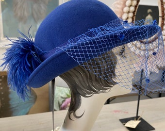 1980s hat, wide brim, vintage millinery, cobalt blue wool felt, hat with veil, miss bierner, feather hat, avant garde, 80s accessories