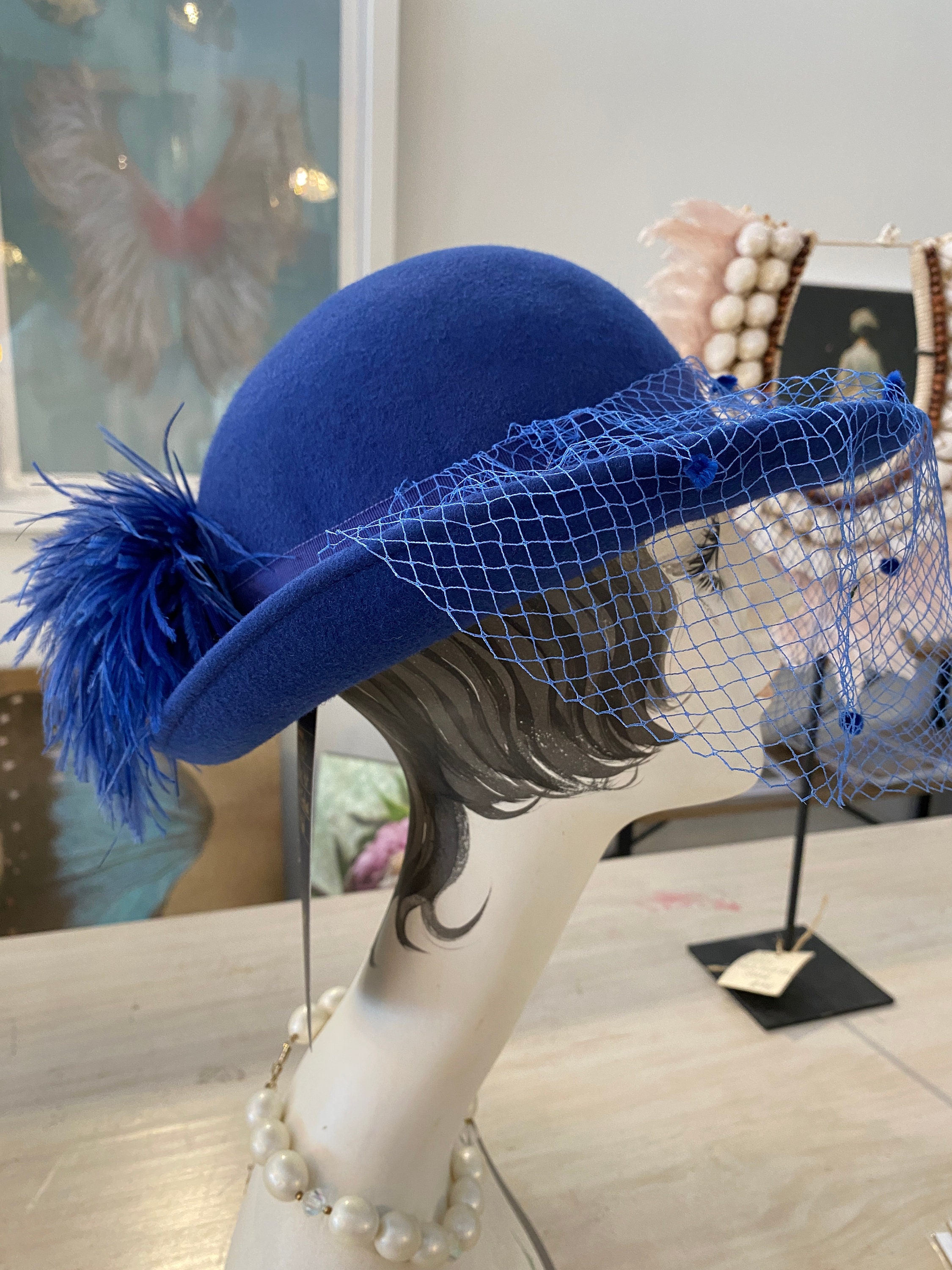Vintage Cobalt Blue Wool Hat with Quilted Velvet Brim - Gold Stud Accents Navy Blue Wool Felt Church Hat Trimmed with Gold Metallic  main image 4