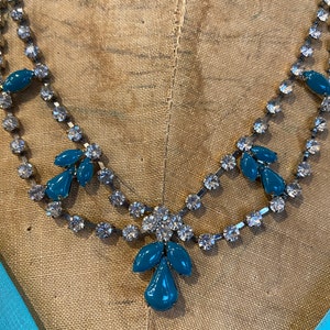 vintage rhinestone necklace, turquoise, bridal jewelry, wedding necklace, 1970s prom jewelry, 1950s style, formal, cocktail, teal and clear image 3