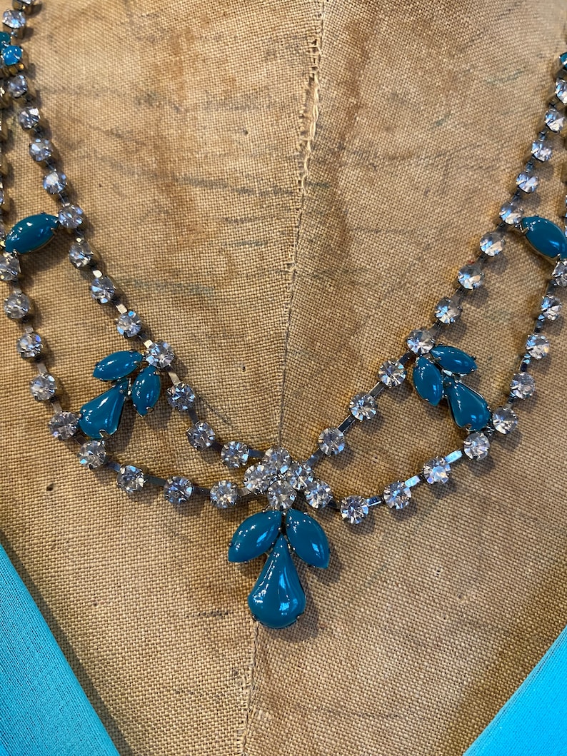 vintage rhinestone necklace, turquoise, bridal jewelry, wedding necklace, 1970s prom jewelry, 1950s style, formal, cocktail, teal and clear image 3