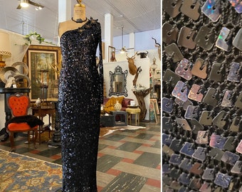 1990s evening gown, one shoulder, vintage maxi dress, black knit dress, square sequins, sue Wong, medium, hourglass, avant garde, holiday