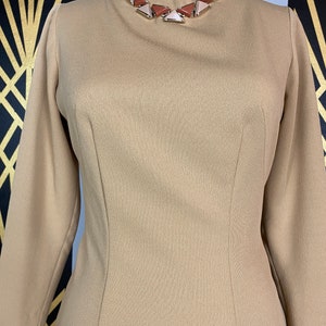 1960s wiggle dress, tan polyester, slim fit, vintage 60s dress, hourglass dress, long sleeve, size medium, simple, classic, high neck, 28 image 2