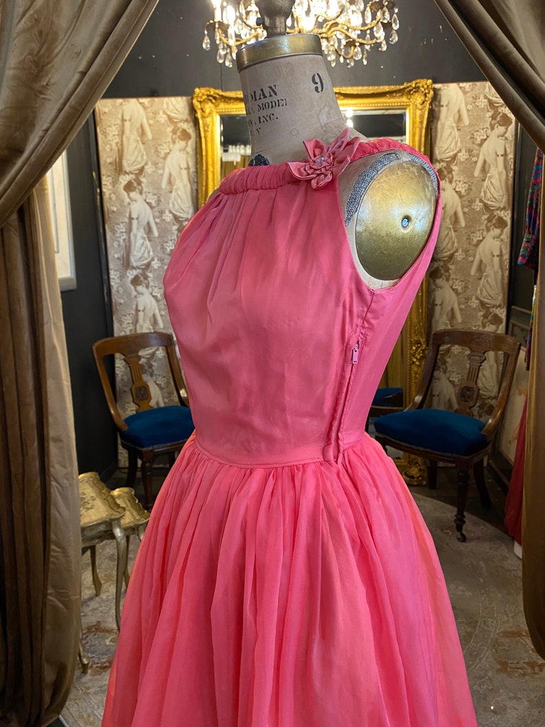 1950s party dress, hot pink chiffon, fit and flare, vintage prom dress, mrs maisel, x small, full skirt, rockabilly, 25 26 waist, 50s formal 画像 8