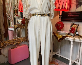 vintage 1980s cream satin jumpsuit 80s wedding suit ruched puff sleeves barbara